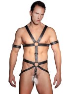 Fetiš a BDSM oblečení: Pánský kožený postroj s kroužky na penis/varlata (ZADO)