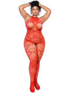 Síťovaný catsuit se srdíčky a kamínky - plus size (Mapalé)