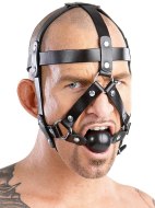 Fetiš a BDSM oblečení: Kožený postroj na hlavu s roubíkem